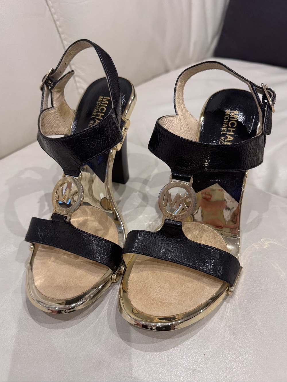 Michael Kors - Black Leather Logo T-Strap High Heel Sandals